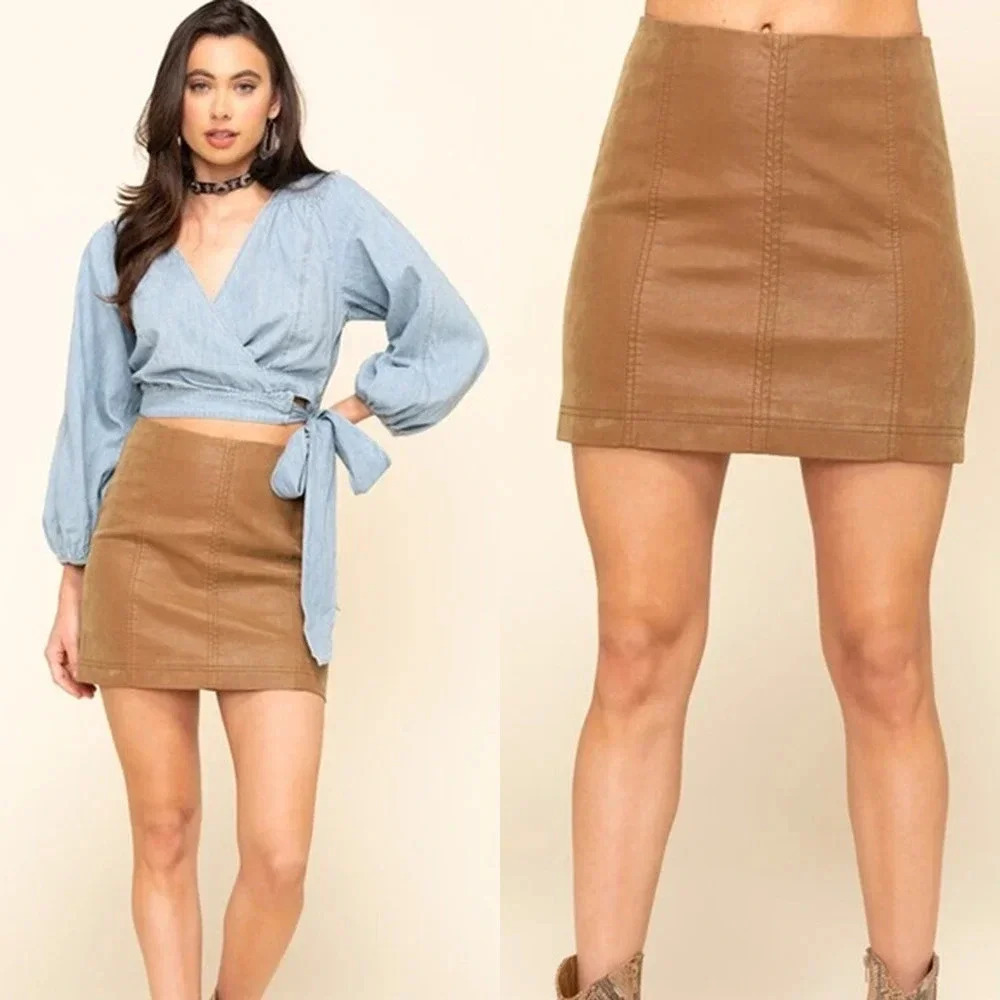 Free People Modern Femme Vegan Suede Mini Skirt Beige Size 4 NWT